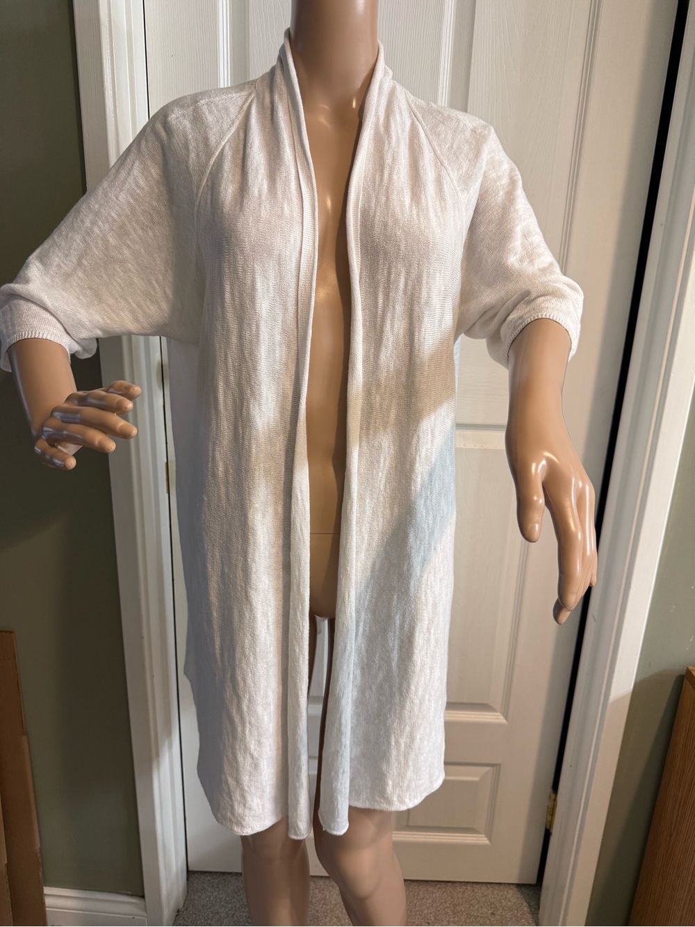 Eileen Fisher Cardigan Womens L White Organic Linen Cotton Open Front Knit